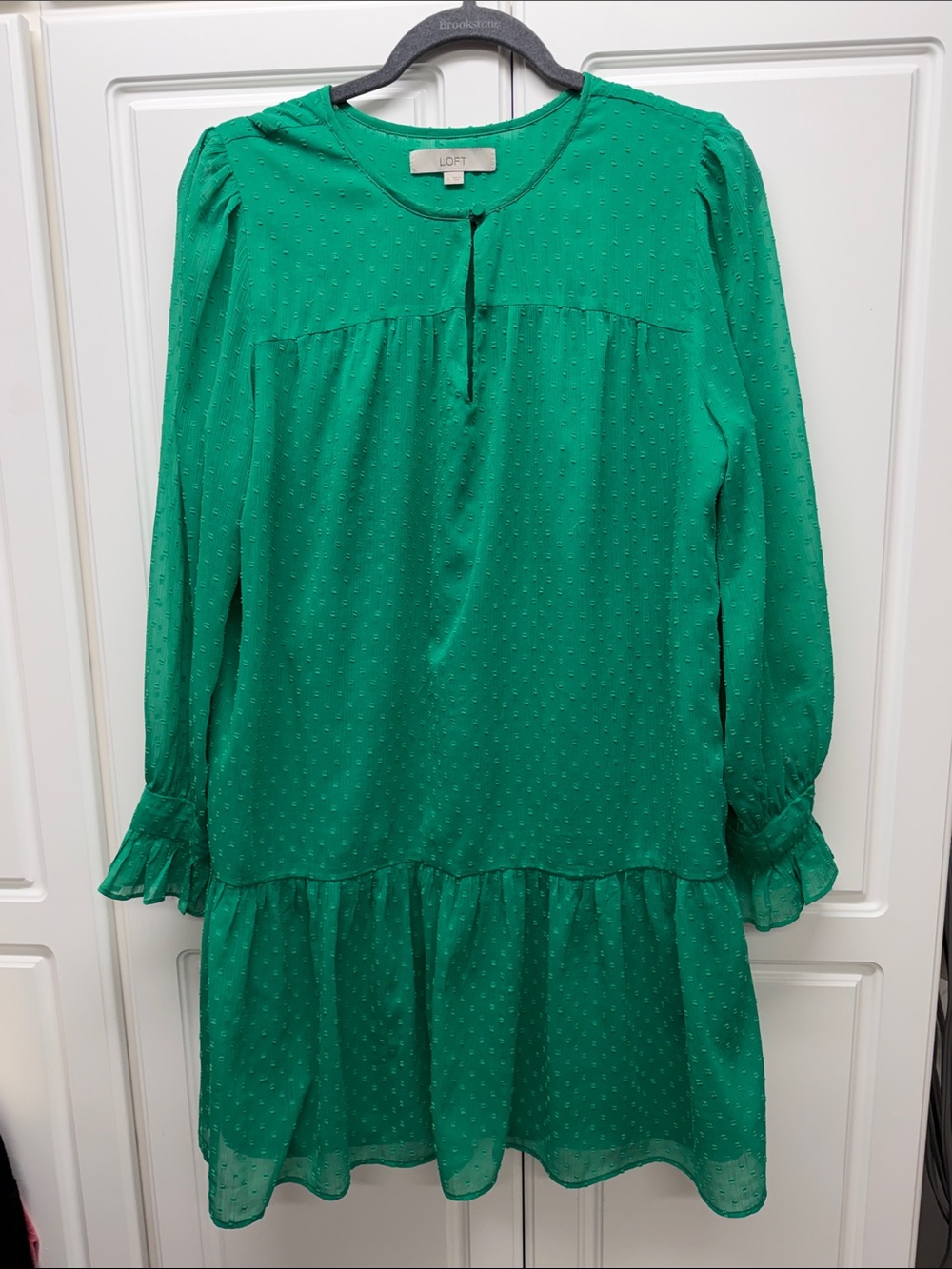 LOFT Bright Emerald Green Swiss Dot Blouse with Tie Neck
